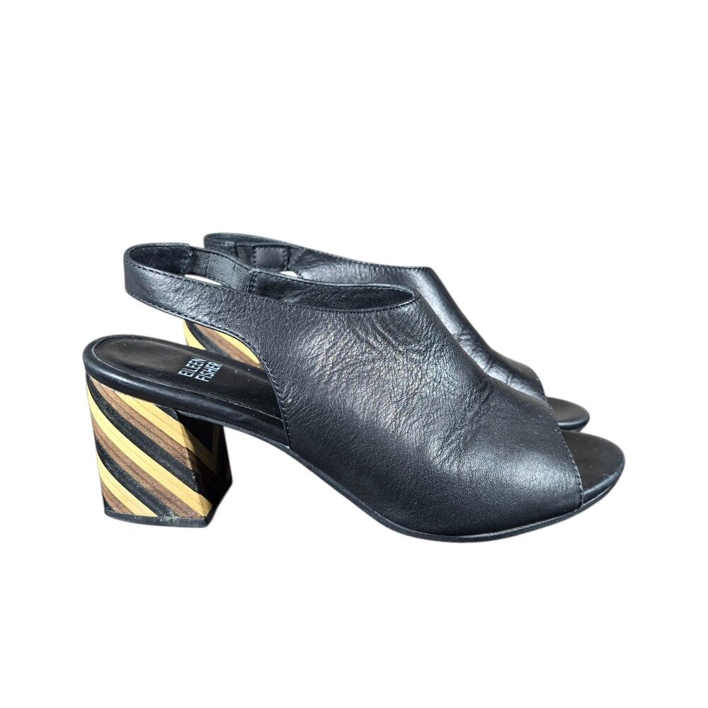 Eileen Fisher Bobbie Sandals Womens 7.5 Black Leather Slingback Striped Heel
